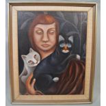 J Marek (20th century school) - Bust length study of a girl with two cats, oil on canvas, signed,