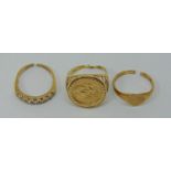 Three 9ct rings to include a St George medallion example, 6.6g total (all cut) (3)