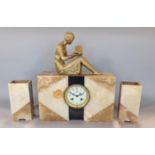 Art Deco clock garniture surmounted by a spelter figure of a girl reading from a book, with eight