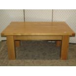 Good quality contemporary light oak low occasional table, the rectangular two plank top with cleated