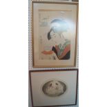 A collection of three oriental coloured prints of female characters, two inscribed in pencil by