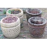 A pair of reclaimed circular garden planters with lattice detail, 35cm diameter x 30cm high,