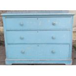 A 19th century pine chest of three long graduated drawers with painted finish, 122 cm (4ft) wide x