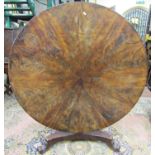 A mid-19th century mahogany tea table, the circular top with segmented veneers, raised on an