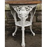 A cast iron Britannia head pub table with painted finish beneath a circular mahogany/hardwood top,