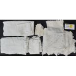 2 boxes of white cotton and table linen including decorative white duvet sets, a bed/table cloth