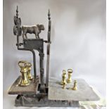 A Victorian butchers shop weighing scales with a bull mount from Wickwar, 68 cm x 59 cm, a set of