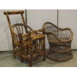 An unusual child's bamboo chair of stepped form, together with one other wicker examples (2)