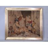 Vintage hand worked needlepoint tapestry depicting an interior medieval scene, framed, overall