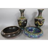 A cloisonné bowl of a dragon, another similar and a pair of decorative cloisonné vases 26 cm high