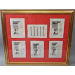 A set of three framed montages of 19th century architectural subjects including classical orders,