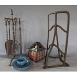 A James Barton saddle rack, wrought iron fire set, a child's tea cup and saucer, etc