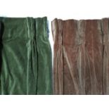 2 pairs vintage curtains, lined with triple pleat heading; approx sizes for green/ caramel pairs;