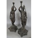 A pair of bronze table lamps in the form of a male and female native American Indians bearing a