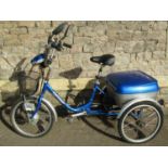 A Sunrunner Shoprider Tricycle with tubular frame and blue metallic painted livery (af)