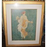 A pair of large coloured prints of classical style frescos with female characters, 71.5 x 53.5cm