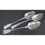 Two George III silver serving spoons, Exeter 1812, made by John Legg, together with another George