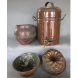 A copper finished tea urn, two copper finished jelly moulds, a copper plant pot, (4)