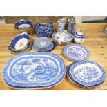 A collection of 19th century and later blue and white printed wares including an early 19th
