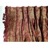 1 pair of heavyweight extra long curtains in burgundy/ gold brocade. Lined with triple pleat