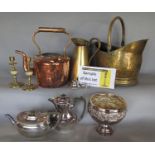 A mixed quantity of copper, brass and silver plate including candlesticks, kettle, coal scuttle,
