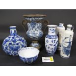 A collection of mainly reproduction blue and white ceramics including a vase with two handled cast