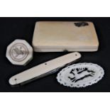 19th century bone spinning dice, Tyrolean antler brooch, ivory cigarette case, together with a pen