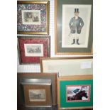 A collection of pictures and prints relating to horse racing including a 19th century coloured