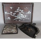 A Chinese hardwood tray inlaid mother-of-pearl pastoral scene, mother-of-pearl inlaid panel and a