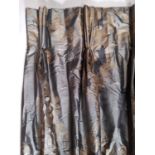 2 pairs of extra long good quality curtains, probably silk with gold patterning over a mink coloured