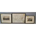 A quantity of 19th century and later topographical engravings, a black and white engraved map of