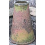 An old weathered terracotta conical shaped rhubarb forcer with moulded rim/collar, 65 cm high