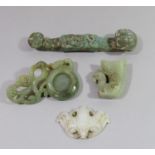 Four pieces of Chinese Jadeite; a bat, small pot, dish and stand (4)