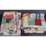 2 vintage patchwork quilts, made from assorted shapes of cotton and synthetic fabrics joined with