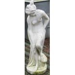 A weathered and painted cast composition stone garden figure of a classical maiden 105 cm high