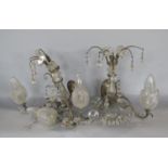 A pair of continental style three branch ceiling lights with glass sconces (AF)