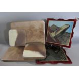 A set of eight springbok hide coasters and a painted glass table coaster of the Cenotaph in