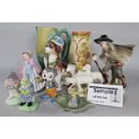 A collection of decorative ceramics including a 19th century continental humorous model of a