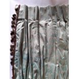 2 pairs curtains in differing sizes, in a soft green satin-like fabric with woven classical shaped