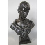 An early 20th century bronze bust of a crestfallen girl, raised on a plinth base, 29.5 cm high (