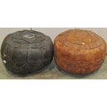 Two vintage stitched soft leather piped geometric patterned circular pouffes with repeating star