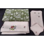 Good quality embroidered linen table set for 12 place settings, in a Harrods lidded box.