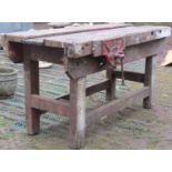 A vintage carpenters/joiners work bench with Record 53 vice and raised on rectangular cut and