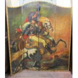 A four-fold leather screen of full height, showing a 19th century cavalry officer in battle, 184cm