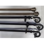 5 curtain poles with brackets and rings including 2 x black 1.75m, 1 x black in 2 sections total 3.