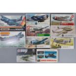 10 model aircraft kits, all 1:72 scale WW2 fighter planes, including 7 by Airfix, 2 by Matchbox