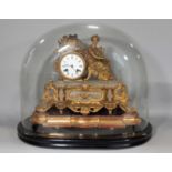 A mid-19th century gilt brass and alabaster panelled mantel clock, surmounted by a female figure