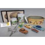 Mixed lot comprising marbles contained in 2 vintage canisters, 3 Dinky cars, a Dinky Viking plane,