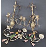 A pair of gilt scrolled wall sconces with pineapple decoration, pair of distressed painted wall