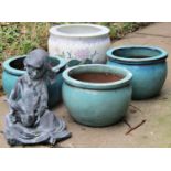 Three small turquoise glazed squat oviform planters 28 cm in diameter x 19 cm high, a further